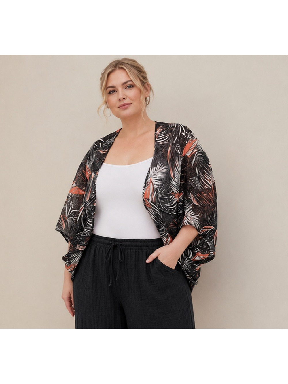 EUC Torrid 0/00 Chiffon Clip Dot Cocoon Kimono M-L 10-12 Black Tropical Floral